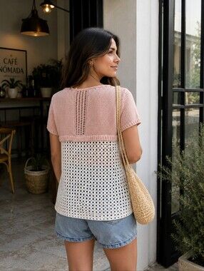 Moth Anthropologie Blush Pink Colorblock Knit Top 100% Cotton Eyelet Sweater Sm